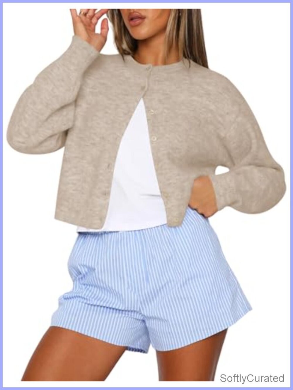Cropped Cardigan Sweater Crew Neck Long Sleeve Button Up Lightweight Knit